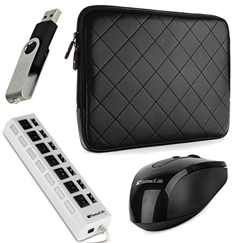 SumacLife Diamond Quilted PU Leather Sleeve for Acer Aspire S7 / V3 / V5 / P 11.6-inch Laptops / Netbooks (Black) + Black Wireless USB Mouse + Black 4GB Thumbdrive + Universal 7 Port USB Hub with On/Off Switch