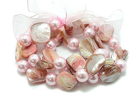 Pink Synthetic Pearl and Genuine Shell Stretch Bracelet Set