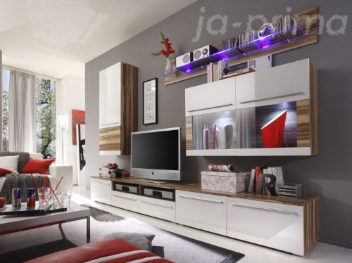 WOHNWAND MALOU ANBAUWAND WOHNZIMMER MÖBEL WALNUSS WEIß +GRATIS BELEUCHTUNG 08753