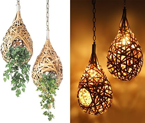 Exotic Elegance Set of 2 Weaver Birds Shape 2 in 1 Bamboo Hanging Planter and Lamp for Garden Decoration.