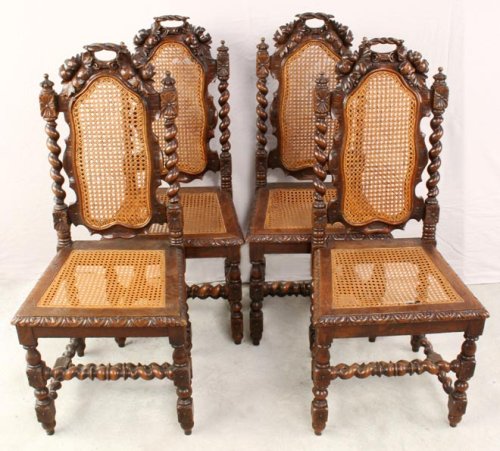 Set 4 Antique French Barley Twist Hunting Dining Chairs