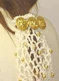 Hand Crocheted Ivory Gimp with Ivory Pearls Dress Snood on Three Gold Plated Buttons on French Barrette Hair Clip for Women and Teens