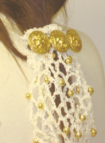 Hand Crocheted Ivory Gimp with Ivory Pearls Dress Snood on Three Gold Plated Buttons on French Barrette Hair Clip for Women and Teens