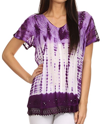 Sakkas 776 - Violet Embroidery Tie Dye Sequin Accents Blouse / Top - Purple - OS
