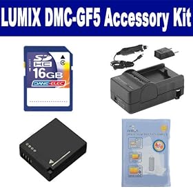 Panasonic Lumix DMC-GF5 Digital Camera Accessory Kit includes: SDDMWBLE9 Battery, SDM-1543 Charger, ZELCKSG Care & Cleaning, SD4/16GB Memory Card