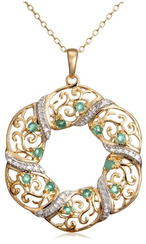 Yellow Gold Plated Sterling Silver Emerald and Diamond Accent Circle Pendant, 18