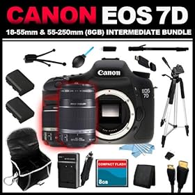 Canon EOS 7D 18 MP CMOS Digital SLR Camera with 3-Inch LCD and EF-S 15-85mm f/3.5-5.6 IS USM UD Wide Angle Zoom Lens + EF-S 55-250mm f/4.0-5.6 IS Telephoto Zoom Lens (8GB Intermediate Bundle Kit) includes x2 Batteries, Charger, Case, Memory Card, Memory Card Wallet, HDMI Cable, Table Tripod, Full Si