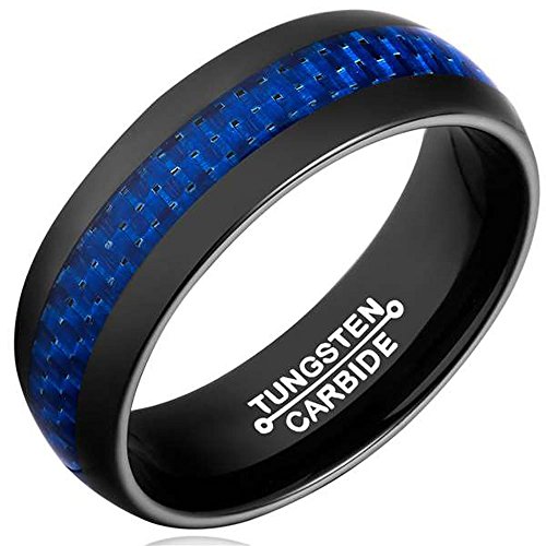 8MM Men's Black Tungsten Carbide Engagement Ring Wedding Band Blue Carbon Fiber Inlay Comfort Fit Size 12
