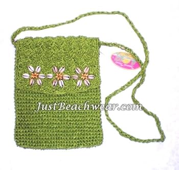 Crocheted Toyo Bag with Cowry Shell Flowers, Lime