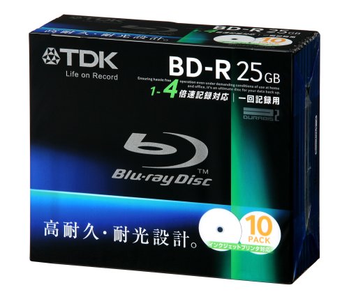 TDK �f�[�^�p�u���[���C�f�B�X�N 25GB BD-R(1��^��p) 4X �z���C�g���C�h�v�����^�u�� 5mm�P�[�X 10���p�b�N BRD25PWB10S