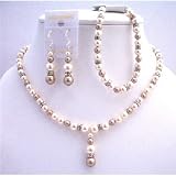 Brd721 Champagne Ivory Pearls w/ Sparkling Simulated Diamond Spacer Drop Down Necklace Set Genuine Swarovski Pearls Jewelry