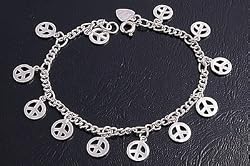 Peace Sign Charm Bracelet, Sterling Silver, Length: 7" adjust to 7.5"