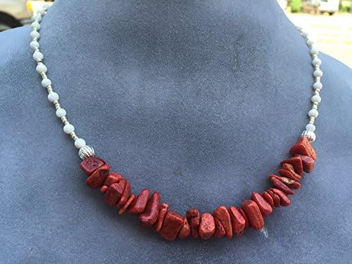 Red Sponge Coral and White Chalk Turquoise Handmade Beaded Necklace with Silver Accents