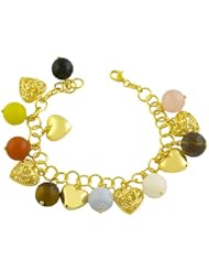 18 Karat Yellow Gold over Sterling Silver Hearts & Beads Charm Bracelet (8 Inch)