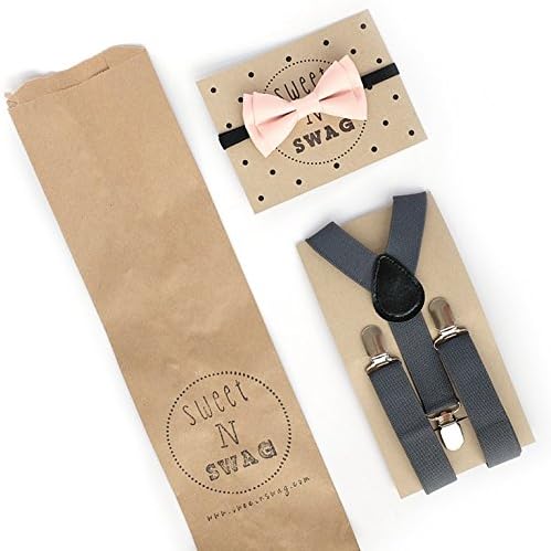 SUSPENDER &amp; BOW TIE Set. Sweetnswag Blush Pink Bow tie with Dark Grey Elastic Suspenders. Infant - Adult. Photography prop, Weddings.