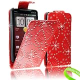 Cellularvilla (Trademark) Case for Htc Evo 4g Red Glitter Diamond Design Leather Flip Open Case Cover Pouch. Free Cellularvilla Wrist Band Included.