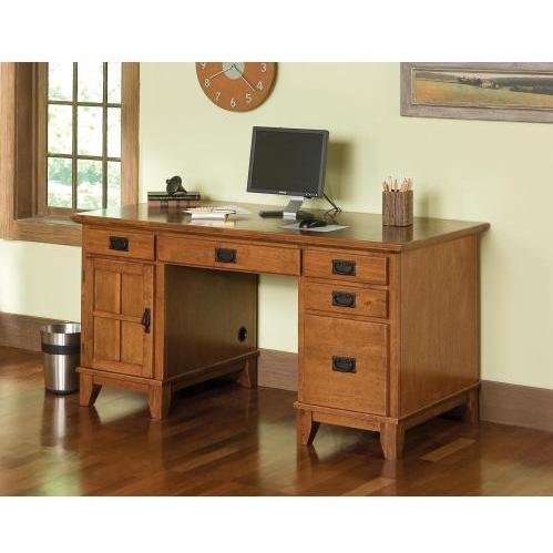 Home Styles Furniture Arts Crafts Wood Pedestal Desk in Cottage Oak