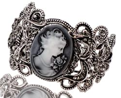 Retro Vintage Look Blue Cameo Lady Cuff Bangle Bracelet With Black Aurora Borealis Crystal & Gunmetal Hematite Finishs