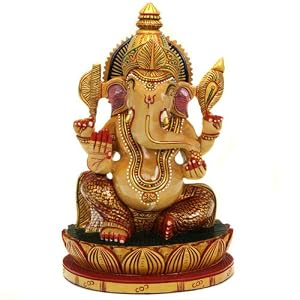 Gold Painted Hand Carved Wooden Ganesh Statue