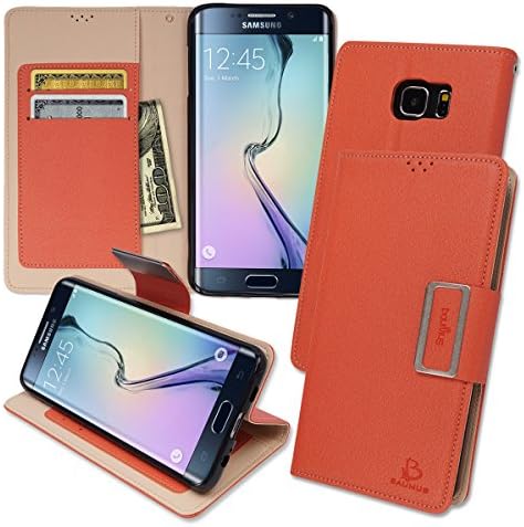 S6 Edge Plus Magnetic Kickstand Wallet Case, Samsung Galaxy S6 Edge+ Soft Foldable Leather Diary Flip Cover, 10 Colors (Peach Pink)