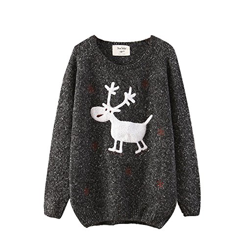 Omine Women's Christmas Deer Snowflake Loose Sweater Jumper Top One Size Black