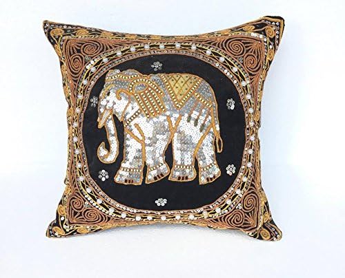 Thai Elephant Embroidered Pillow Cases Show, Packs of 2 Black.