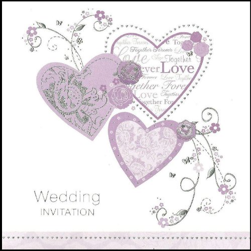 6 Wedding Day Invitation Cards & Envelopes Lilac & Silver Hearts