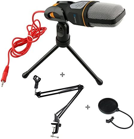 Wanway Set of 4 - Portable Wired Professional 3.5mm Plug Condenser Microphone Mic Comes with Tripod Holder Clip,Suspension Boom Scissor Arm Stand and Pop Filter