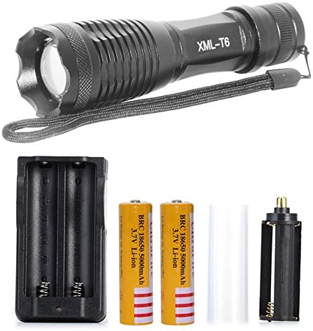 LED Flashlight E6 Flash Torch to Shocker CREE XML T6 LED Outdoor Lighting with 18650 Li-ion 5000mAh Rechargeable Battery and Smart Double Charger,(Black)