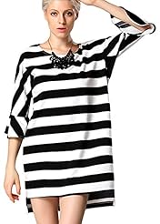 Striped Print Jacquard Sheer Lace Polyester Flared-Skirt High-Low-Hem Short Shift  Dress