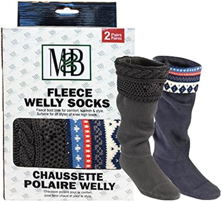 Moneysworth and Best Fleece Welly Socks - Grey Knit/Blue Motif - Pack of 2 - Size Medium