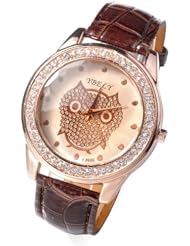 Jovivi Fashion Womens Girls Champagne Analog Crystals Decorated Quartz Wrist Watch, Owl -- Brown