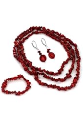 Women's Sterling Silver Red Dyed Coral Beaded Bracelet, Necklace and Earring Set
