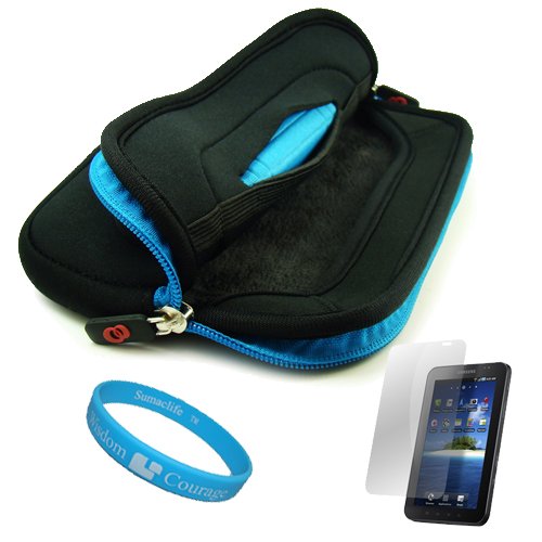 Blue Trim Neoprene Protective Glove Cover Carrying Case with Soft Silky Smooth Interior Fur Padding for Samsung Galaxy P 1000 Tablet + Anti Glare Screen Protector + SumacLife TM Wisdom Courage Wristband