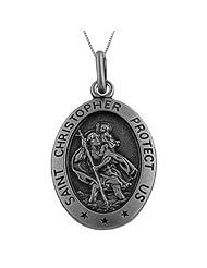 Oxidized Sterling Silver Oval Saint Christopher Medal Necklace (18 Inch)