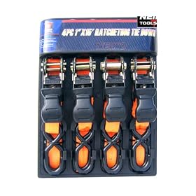 Neiko Ratcheting Tie-Down Set - Four 1-Inch x 15 Ft - Soft-Grip Levers - PVC-Coated Hooks