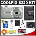 Nikon Coolpix S220 10 Megapixel Digital Camera (Silver) with 3x Optical Zoom + EN-EL10 Battery + 4GB Card + Leather Case + Accessory Kit