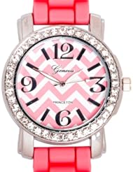 Geneva Silicone Chevron Crystal Rhinestone Watch w/ Platinum Case (Coral)