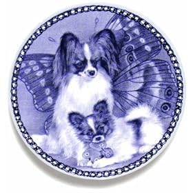 Papillon and Puppy: Danish Blue Porcelain Plate by Lekven Designs