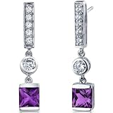 Exotic Sparkle 2.00 Carats Amethyst Princess Cut Dangle Cubic Zirconia Earrings in Sterling Silver