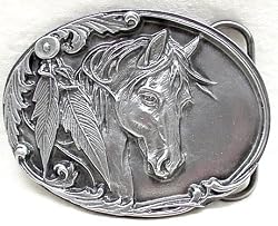 Horse with Feathers Non-Color Pewter Belt Buckle