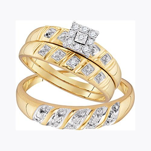 His and Her Bridal Trio Rings Set 3 Piece 10k Yellow Gold 0.13ct Diamonds