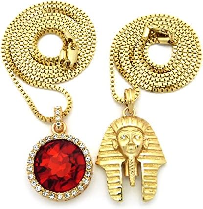 Gold-Tone Pharaoh King, Round Ruby Color Pendant 24",30" Box Chain 2 Necklace Set RC989G