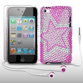 IPOD TOUCH 4 STAR DIAMANTE DISCO BLING CASE / COVER / SHELL / SKIN / BACK COVER WITH SCREEN PROTECTOR & HEADSET, BY CELLAPOD CASES - PINK/SILVER