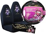 5 Piece Ed Hardy Auto Interior Accessories Set - 2 Universal Fit Seat Covers and Faux Suede Steering Wheel Cover and 2 Seat Belt Covers - Love Kills