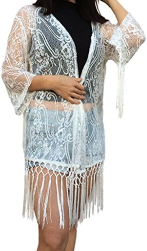 Fashion Rainbow Long Fringed Lace Short Sleeves Kimono Wrap Bikini Cover Ups