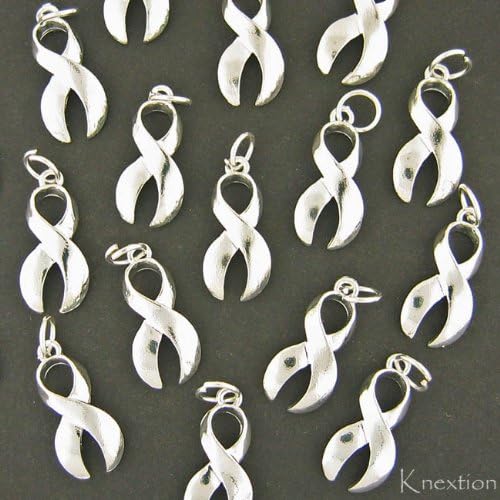 12 Pack Ribbon Cancer Awareness Charm Charms Findings for Jewelry Making Bracelets or Fundraising (Silver)