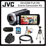 JVC GZ-E200 Everio Camcorder Kit Includes: JVC GZE200 Camcorder (Black), HDMI Cable , 32GB Memory Card, Memory Card Reader, Large Carrying Case, Full Size Tripod, Table Top Tripod, LCD Screen Protectors, Cleaning Kit & SSE Microfiber Cleaning Cloth.