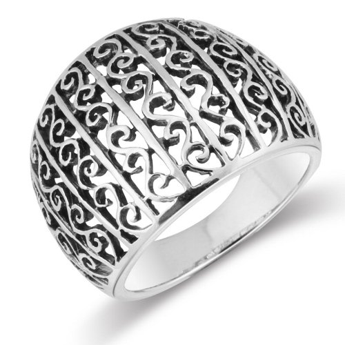MIMI Sterling Silver Vintage Style Bali Swirl Filigree Scroll Domed Ring Size 5, 6, 7, 8, 9, 10, 11