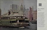 The Face of America: Five O'clock Sailors. Each weekday afternoon at quitting time, some 10,000 New Jerseyites who toil in Manhattan board five ferries such as the 'Red Bank' for a one-mile crossing of the Hudson River. Their trip begins with the toot of a steam whistle at the Jersey Central Railroad's downtown ferry terminal at the foot of Liberty Street. It ends at Jersey City, where the homebound voyagers make their train connections. Each of the 1100-ton vessels, which can carry 1470 passengers and fourteen vehicles. On clear days the twelve-minute ride provides an imposing view of the New York City skyline and the world's busiest waterfront. About 9000 passengers ride on railroad commutation tickets. The rest pay twenty cents for a one-way trip - four times as much as for a similar ride on the Staten Island ferry. Photograph by Eugene Kammerman. ..... 1960 Saturday Evening Post Picture, A5224A.